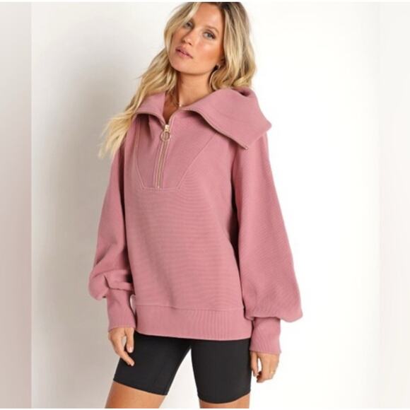 Varley Pink Rose Ottoman Half Zip Ribbed Knit Cowl Neck Pullover NWT Size Small - Picture 1 of 12